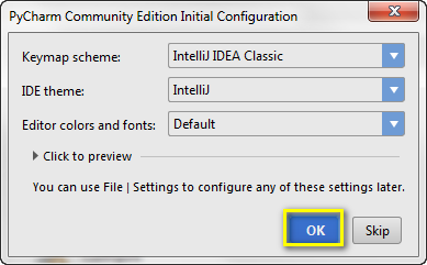 shows a dialog with default project choices, choose OK