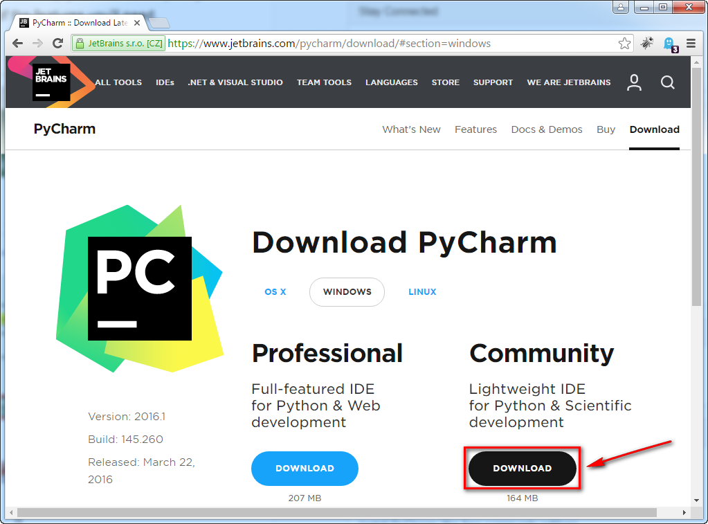 PyCharm download page