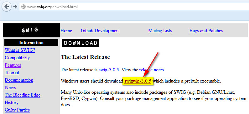 shows swigwin-3.0.5 file on the download page