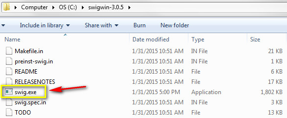 shows swig.exe in Windows explorer