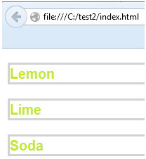 the words Lemon Lime Soda in separate bordered divs on a web page