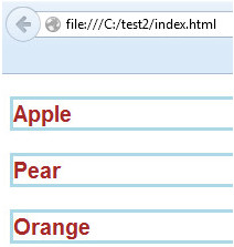 Apple pear and orange words in div containers with gray borders