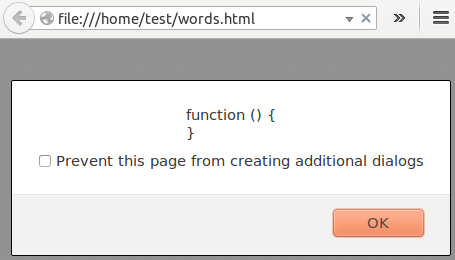 a web page showing an alert dialog that prints out function text
