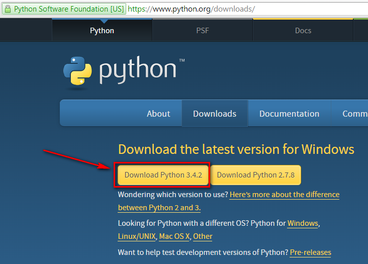 shows download button on Python downloads page