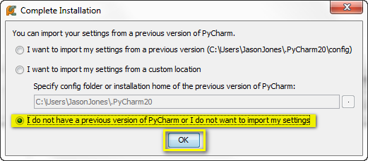 shows the I do not have a previous version of Python opening dialog in PyCharm