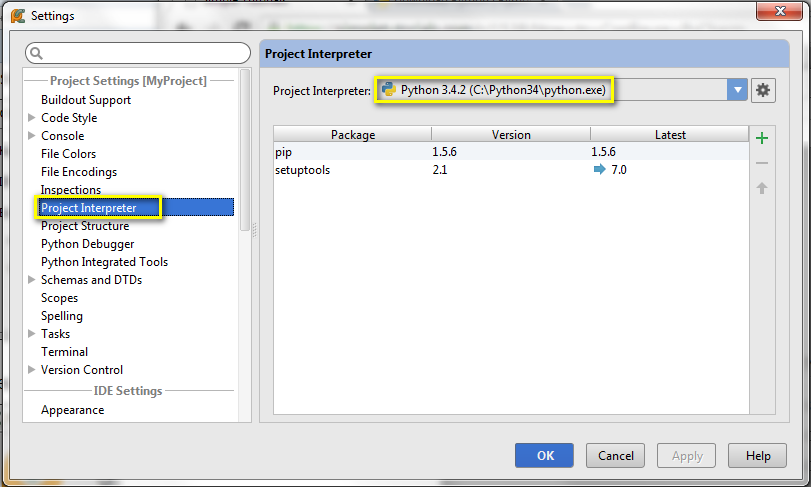 shows the project interpreter dialog with an interpreter selected