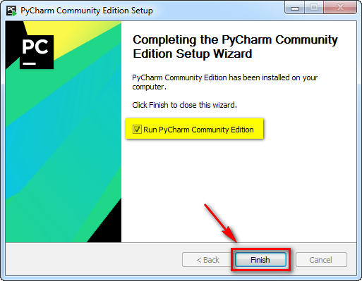 PyCharm install finished. Select Run PyCharm and click Finish