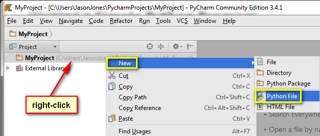 adding a new Python file to the project in PyCharm