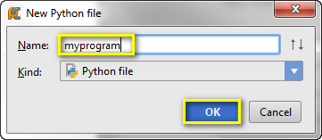shows naming a new file myprogram in PyCharm