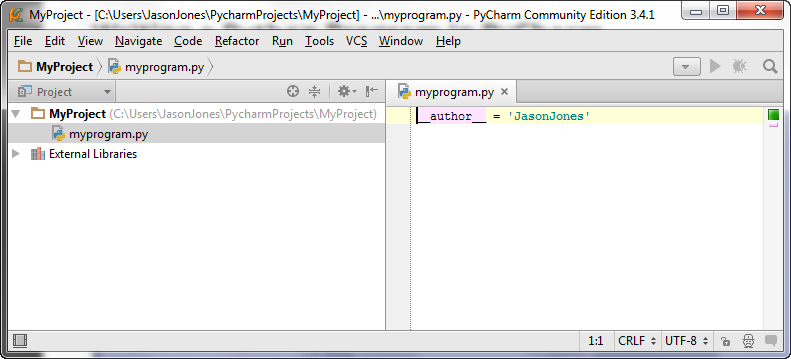 shows a new file in the PyCharm editor