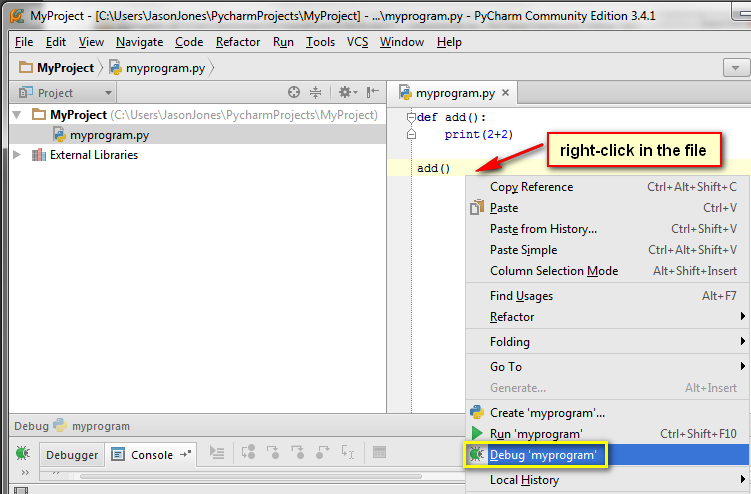 shows right-click context menu Debug option