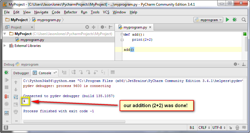 shows PyCharm debug part of the PyCharm editor