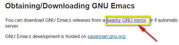 shows the nearby GNU mirror link on the Emacs download page