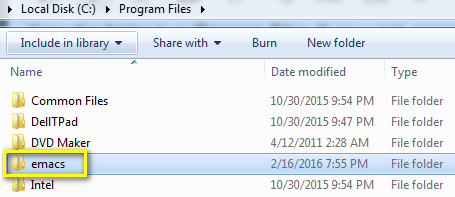 shows a folder named emacs