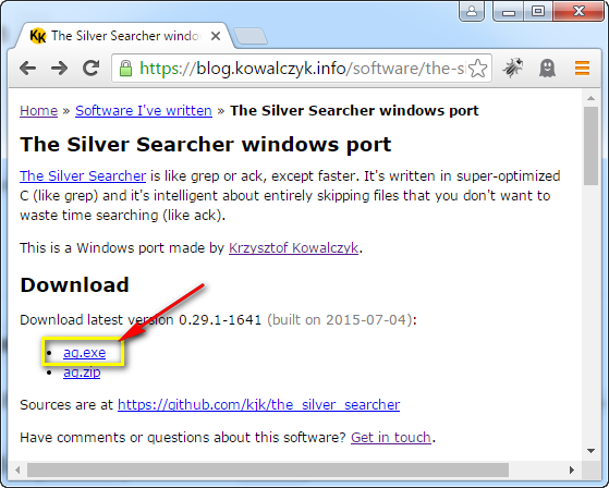 a screenshot of a page with ag.exe for download