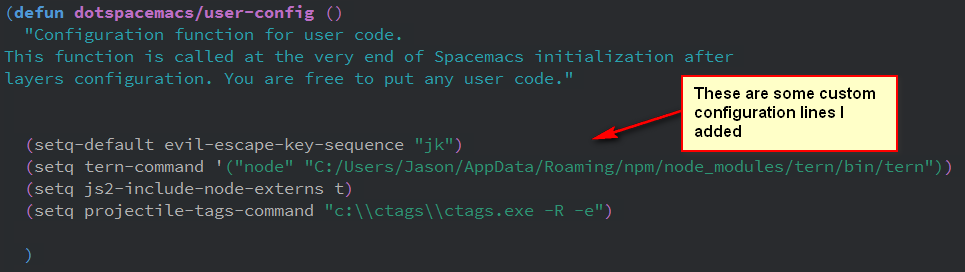 User configuration section of .spacemacs file