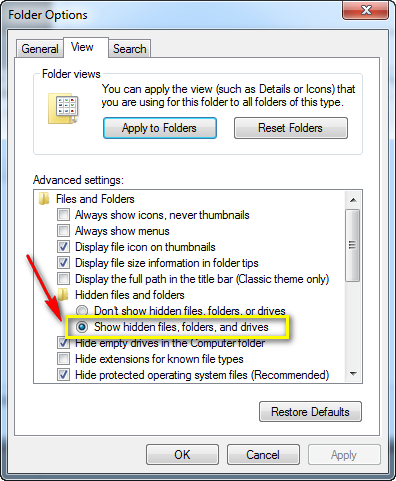 Windows option to Show hidden files, folders, and drives