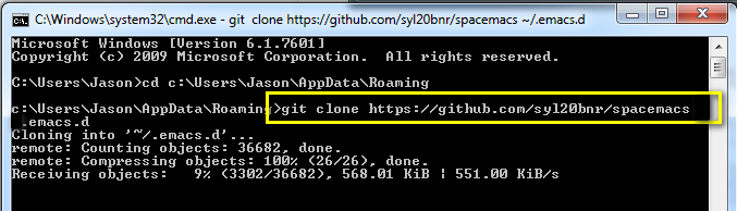 run the Git clone with the spacemacs URL