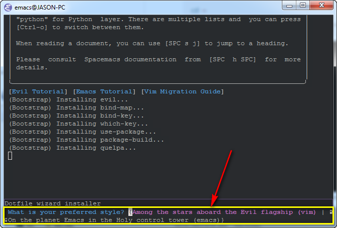 shows the choose emacs or vim prompt during spacemacs install