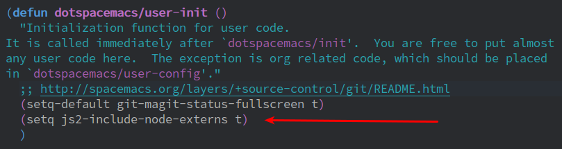 shows user-init section from Spacemacs configuration