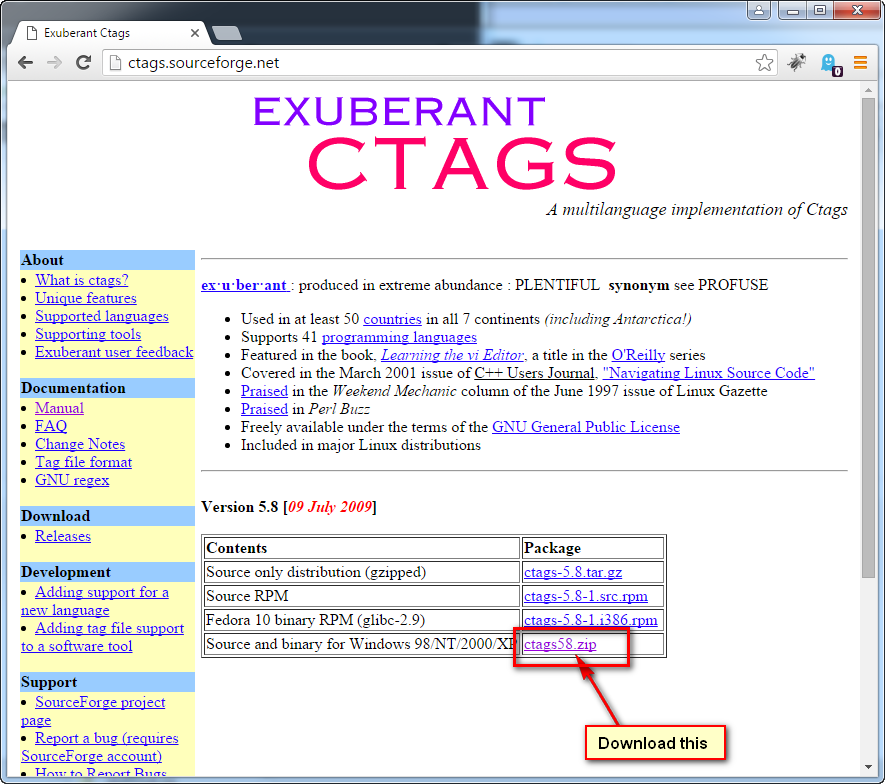 download the ctags binary