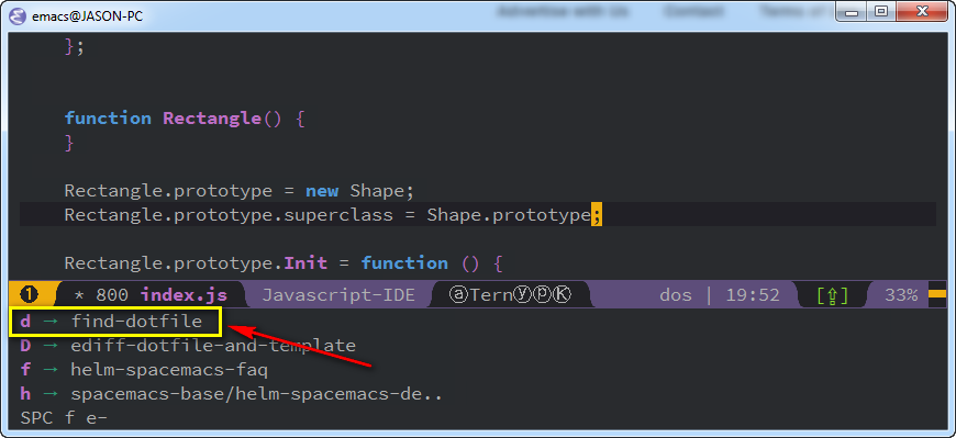 shows the find-dotfile option in Spacemacs