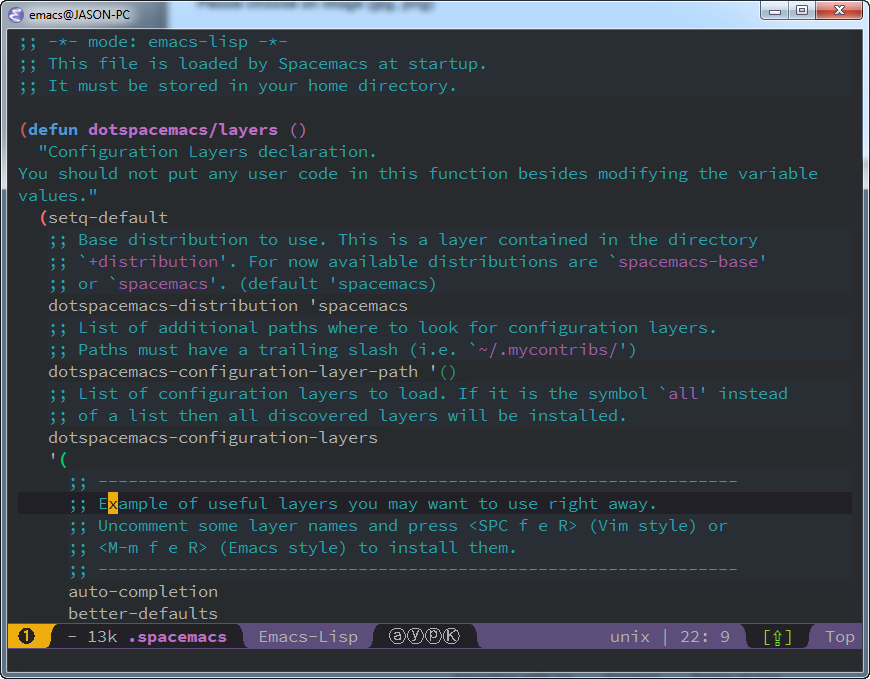 shows spacemacs config file in the editor